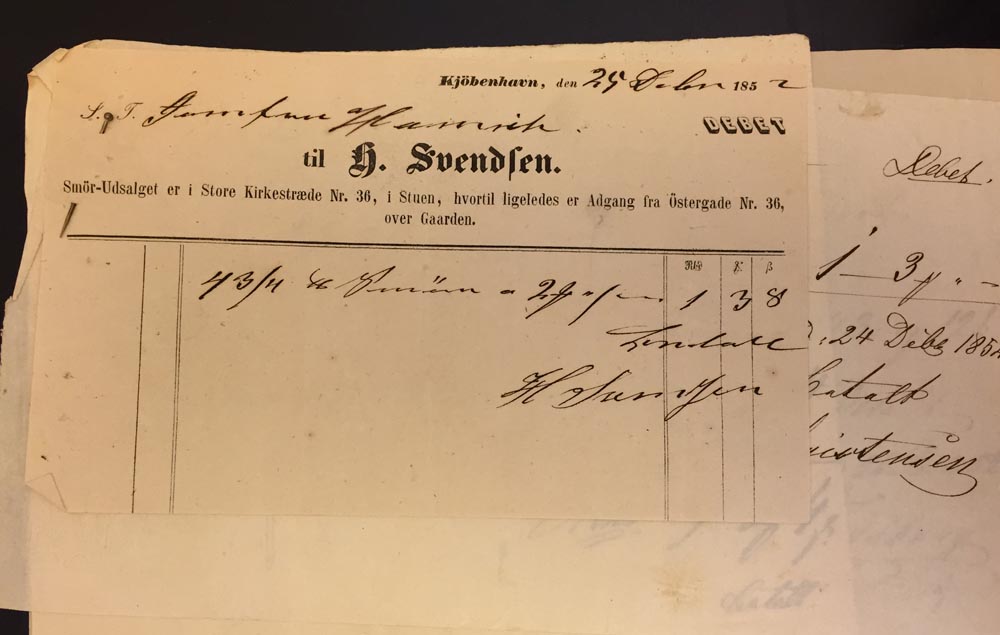 Regning for smør indkøbt hos H. Svendsens smørudsalg i Store Kirkestræde 36 til de fattiges julemåltid i 1852.
