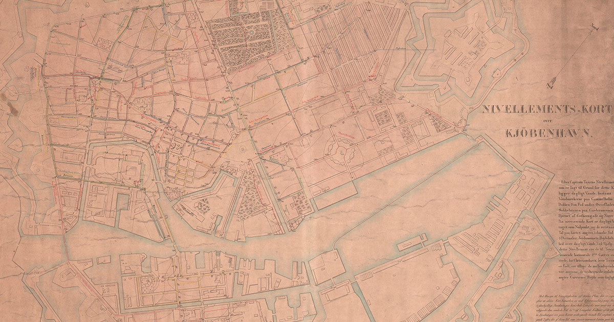 Udsnit af Coldings nivellementskort fra 1852. Samtlige af byens vandrender er afbilledet og kan følges gennem byens gader.
