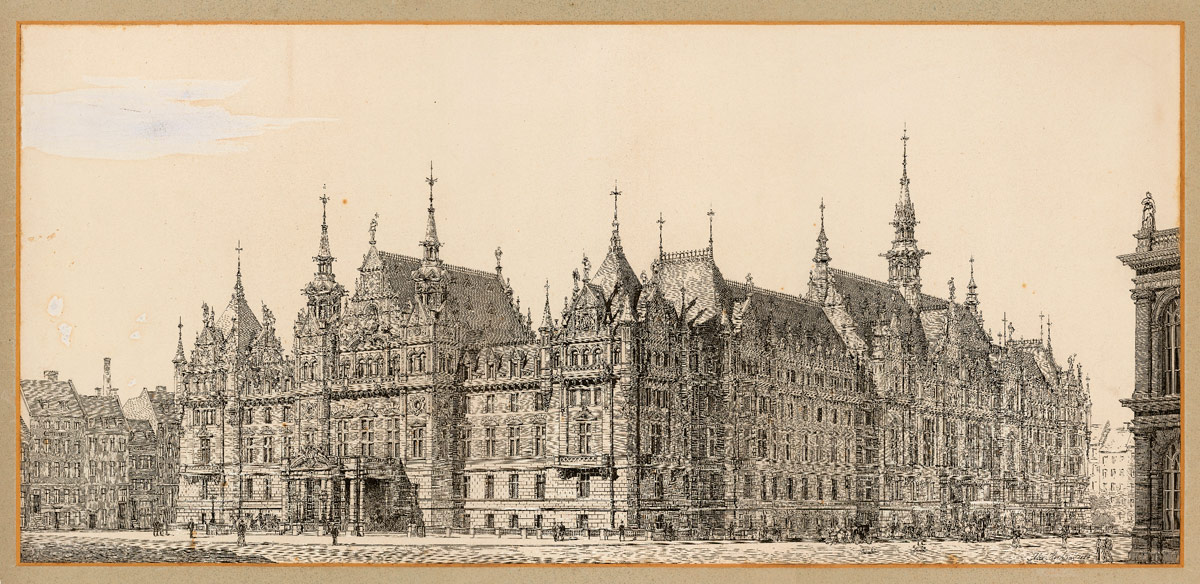 C.W English (1848-1911) var dansk arkitekt bosat i England. Han arbejdede sammen med den schweiziske arkitekt Alexander Koch (1848-1911) om forslaget til et rådhus godt pyntet med tårne og spir. En bygning, der mindede om et slot, og som i opførelse ville få budgettet til at eksplodere.