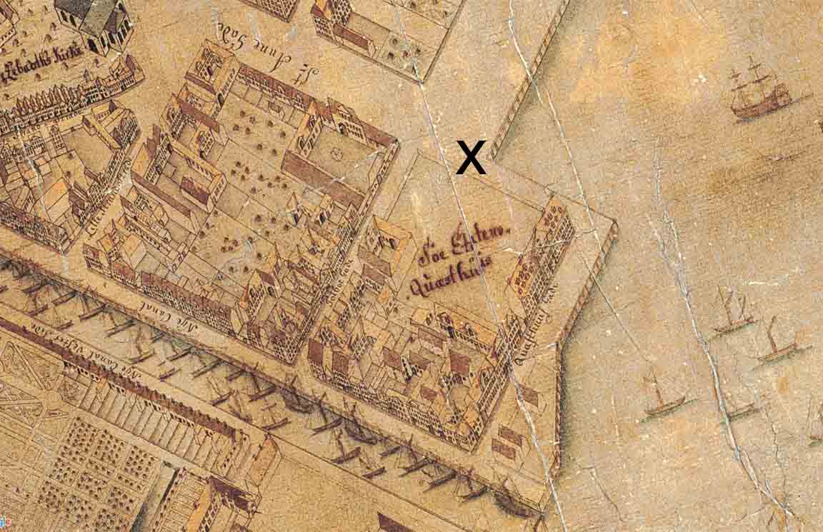Gerningsstedet. Inger fødte i havnens bolværker et sted ganske tæt ved militærhospitalet Søkvæsthuset. Her er stedet markeret på Geddes kort over København fra 1761. I dag hedder stedet Larsens Plads. Nederst i billedet ses vore dages Nyhavn.