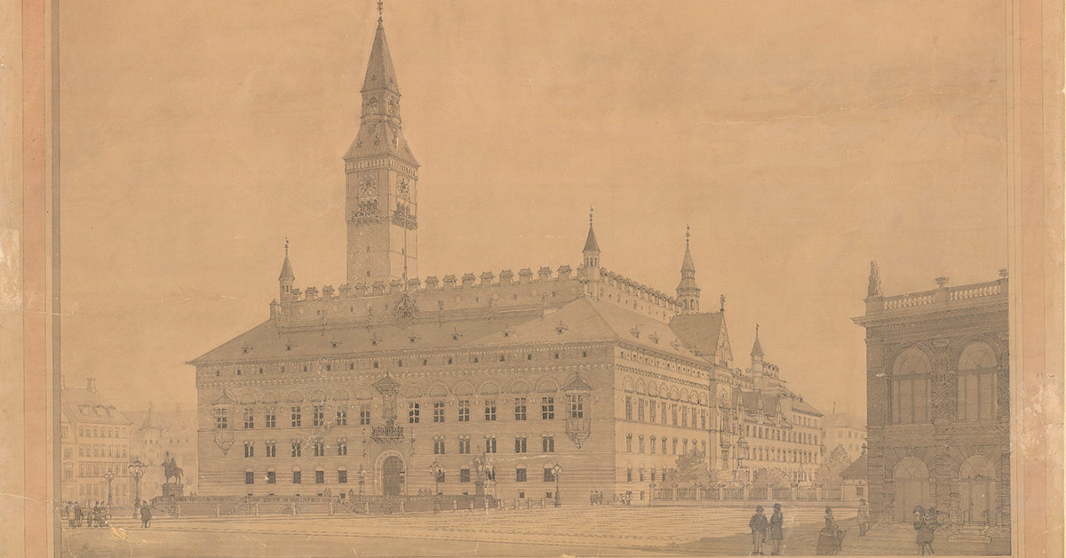 Arkitekt Nyrop vandt konkurrencen om at tegne og bygge byens nye rådhus i slutningen af 1800-tallet. Dette er hans forslag til, hvordan den kommende bygning til borgerne skulle se ud. 1890. Foto: Fotograf ukendt, Københavns Stadsarkiv
