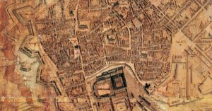 Rådhuset adskiller Gammeltorv og Nytorv. På Christian Geddes kort fra 1761 ses byens fjerde rådhus, der blev opført efter den store brand i 1728. Foto: Københavns Stadsarkiv.