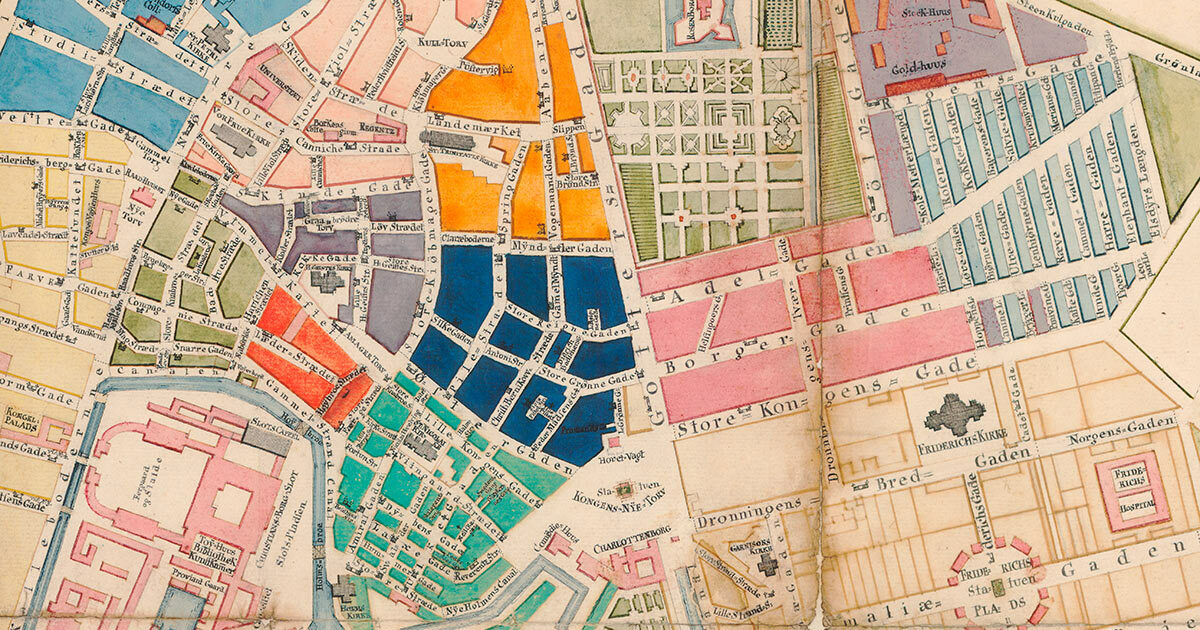 Udsnit af kort fra 1769, der viser Københavns kvarterer markeret med forskellige farver. Kort- og tegningssamlingen, Københavns Stadsarkiv