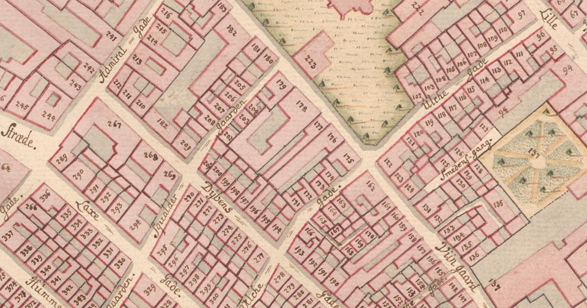 Udsnit af kort over Øster kvarter fra 1757 med angivne matrikelnumre. Københavns Stadsarkivs kort- og tegningssamling