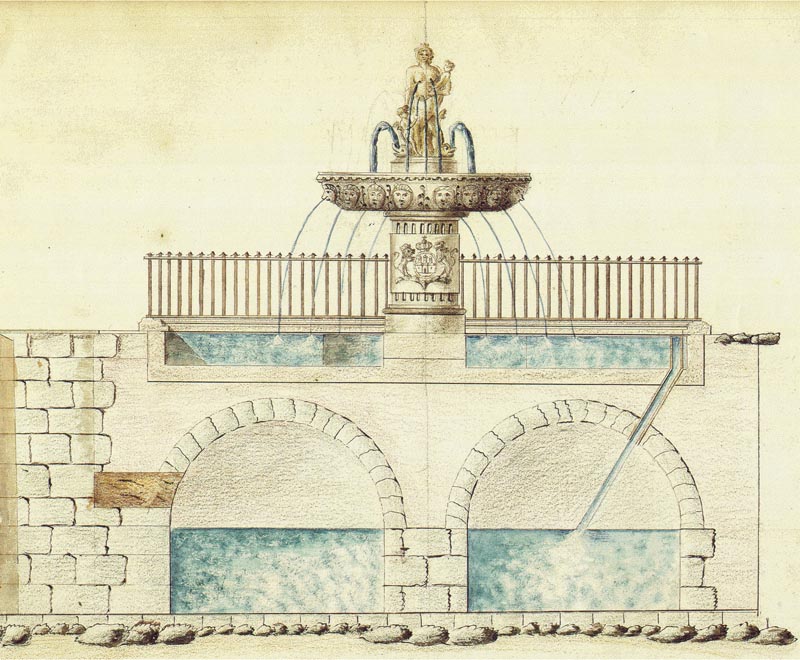 Tegning af Caritasspringvandet, bestilt af borgmester Hans Christopher Hersleb formodentlig i 1770’erne. Foto: Københavns Stadsarkiv.