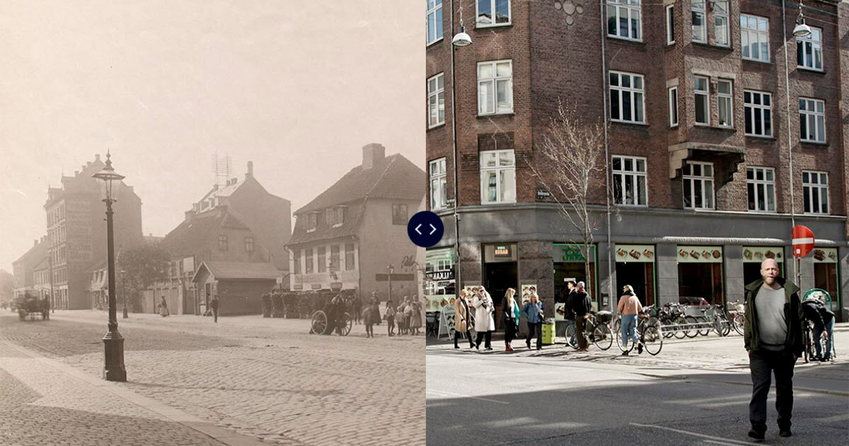 Se bla. før-og-nu-billede af Nørrebrogade ved hjørnet af Holtegade.