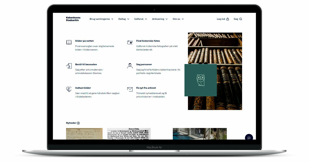 Laptop med forsiden af Københavns Stadsarkivs hjemmeside