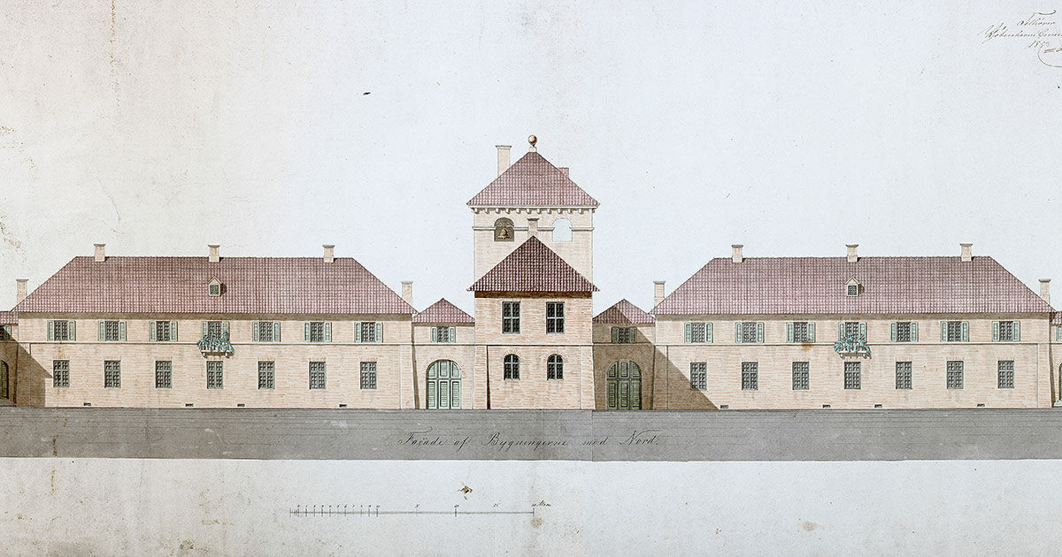 Forslag til nyt kurhus på Bistrupgård, Sankt Hans Hospital. Facade mod nord, 1853. Københavns Stadsarkivs kort- og tegningssamling