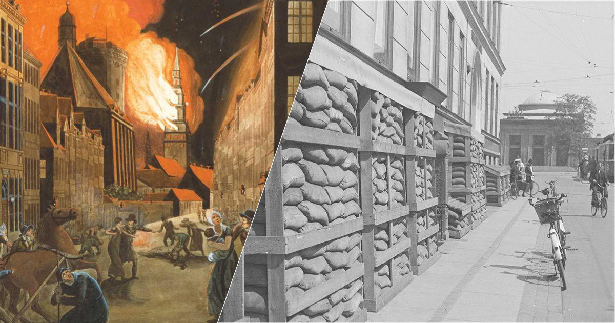 Billedet er delt i to. Til venstre ses et maleri af en gade i København med skræmte indbyggere og en hest. I baggrunden ses Rundetårn og Vor Frue Kirkes tårn i brand. Himlen er oplyst af flammer og bomber flyver ind fra højre. Til højre ses et sort/hvid foto af Stormgade set mod Thorvaldsens Museum. Langs fortovet er opstillet store bunker med sandsække.