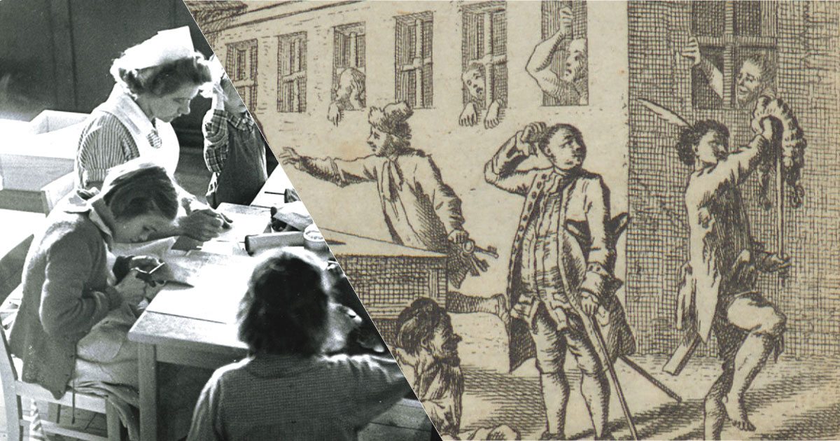 Todelt billede. Til venstre ses et sort/hvid foto af en sygeplejerske siddende ved et bord sammen med tre børn. Det ene barn ses klippende med en saks. Kobberstikket til højre viser en bygning med tremmer for vinduerne og indsatte bag tremmerne. Foran bygningen ses fire personer, der henholdsvis tager sig til hovedet, sidder på jorden, løber med et bundt nøgler og marcherer med en paryk på en pind.